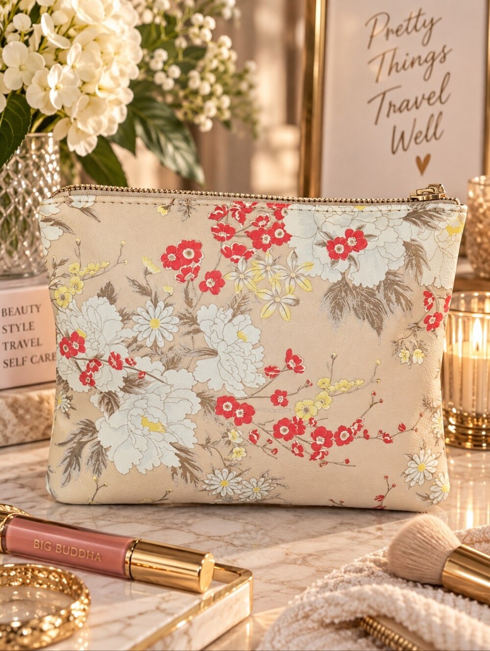Big Buddha Floral Cosmetic Bag Beige Coral Zip Makeup Travel Pouch